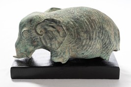 Antik Khmer Stil Grünspan Bronze Abstrakt Elefant Statue - 21cm/21.6cm Hoch - £406.51 GBP