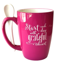 M Ware Pink Ceramic Tea Coffee Mug Cup with Spoon Start Each Day Grateful Heart - £13.00 GBP