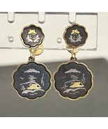 Vtg Damascene Mt Fiji Amita Japan Dangle Screw Back Earrings Black &amp; Gold - €14,43 EUR