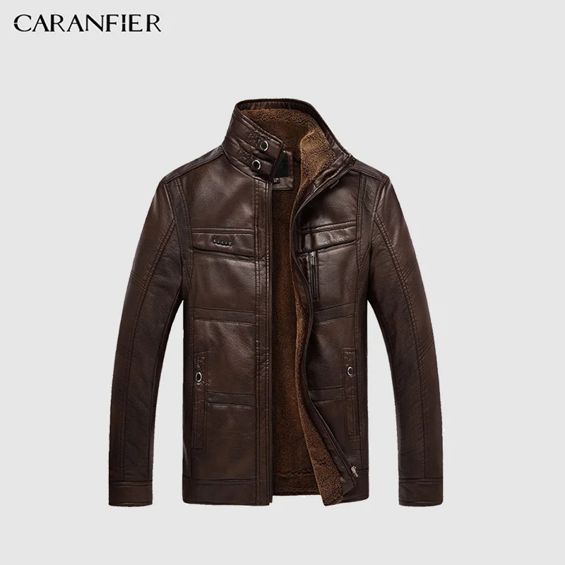 CARANFIER Mens Leather Jackets Winter Warm Coat Plus Thick Outerwear Male Biker  - £158.41 GBP
