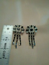 Vintage Clip Fringe Earrings Faux Rock Crystal Blk &amp; Wht Rhinestone Accents - £41.56 GBP