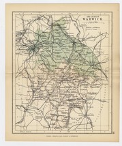 1884 Antique Map County Warwick Warwickshire Birmingham Rugby Coventry England - £13.36 GBP