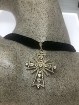 Vintage Crystal Golden Cross Choker Necklace Pendant - £36.20 GBP