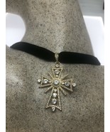 Vintage Crystal Golden Cross Choker Necklace Pendant - £36.24 GBP