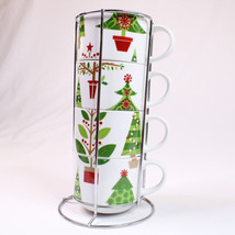 Pier 1 Imports Stacking Christmas Tree Mugs Tea Cups Set Of 4 With A Metal Rack - £9.28 GBP