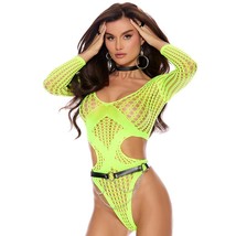 Long Sleeve Crochet Teddy Cut Out Sides Scoop Neck Thong Back Chartreuse 82315 - £15.56 GBP