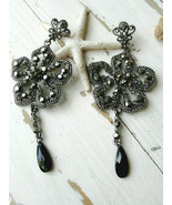 Long Bohemian Black Daisy Flower Austrian Crystal Earrings 3.6&quot; long - £14.61 GBP