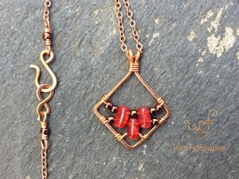 Handmade copper pendant necklace: square diamond red and metallic glass beads - £20.10 GBP