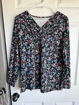 Floral V-Neck Long Sleeve Blouse Black and Multicolor Soft Material - $7.20