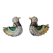 Vtg Earrings Mallard Duck Bird Jadeite Rhinestones Clip Back  1 3/8&quot; - $730.68 MXN