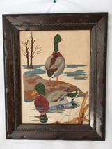 Rope Embed Solid Wood Vtg Frame Waterfowl Mallard Duck Wall Hang Needlepoint Art - £62.66 GBP