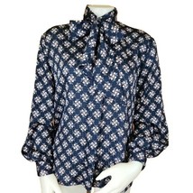 Vintage Pendleton Silky Pussy Bow High Neck Blouse Womens 12 Blue Pink F... - $39.18