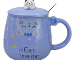 Blue Calico Cat Love Star Coffee Mug Cup With Spoon And Kitten Knob Lid ... - $17.99