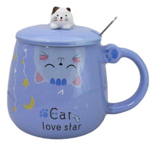 Blue Calico Cat Love Star Coffee Mug Cup With Spoon And Kitten Knob Lid 15oz - £14.11 GBP