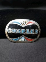 Vtg &quot;CHARLES&quot; Southwestern Belt Buckle Inlaid Turquoise Coral Handmade I... - €40,19 EUR