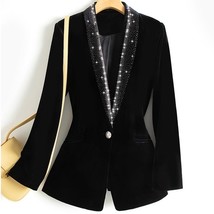 Spring 2022 Female Blazer Shiny Rhinestones Women Coat Notched Collar Black Velv - £156.23 GBP