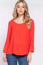 3/4 Roll Up Slv Pleated Tomato Red Blouse - $16.00