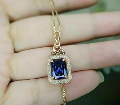 2Ct Emerald Simulated Blue Sapphire Halo Pendant 14K Rose Gold Plated Silver - £95.63 GBP