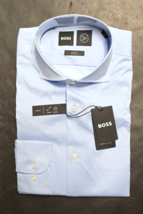 Hugo Boss Men&#39;s Hank Spread Slim Fit Blue Stretch Cotton Dress Shirt 42 ... - $71.27