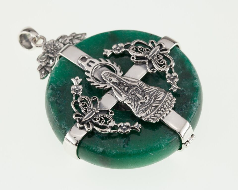Beautiful Buddism Sterling Silver Green Jade 16" Necklace and Pendant 72.4gr Item image 6