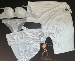 Victoria&#39;s Secret 32DDD Bra Set M Panty+Robe Gray White Silver Pink Crystallized - £94.66 GBP