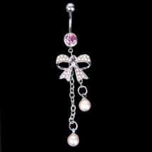 14G Stainless Steel Pink Crystal Rhinestone Dangle Bow Navel Chain Piercing - £8.60 GBP