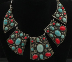 925 Sterling Silver - Vintage Real Turquoise &amp; Coral Chain Necklace - NE3162 - £628.46 GBP