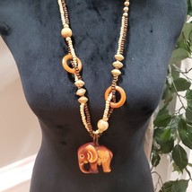 Bohemian Style Double Strand Beaded Chunky Wooden Elephant Pendant Necklace - £23.67 GBP