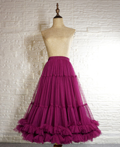 Plum A-line Tiered Tulle Midi Skirt Outfit Women Custom Plus Size Fluffy Tulle S image 3