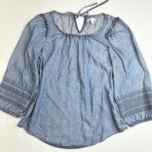 LC Lauren Conrad Chambray Lyocell Blouse Small Blue Long Sleeve Top Crochet Trim - £10.09 GBP