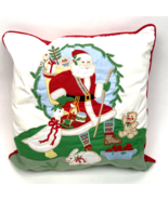 Vintage Embroidered Christmas Throw Pillow Applique Santa 14&quot; Square  - £24.53 GBP