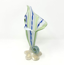 Hand Blown Glass Vase Cornucopia Shaped Blue Green White Gold Latticino VTG 8&quot;H - £62.82 GBP