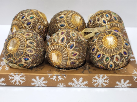 Christmas Peacock Gold Beaded Gems Ornaments Set of 6 - $39.59