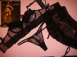 Nwt Victoria&#39;s Secret Designer Collection 34B Bra Set+Garter Skirt Ruffled Black - £112.85 GBP