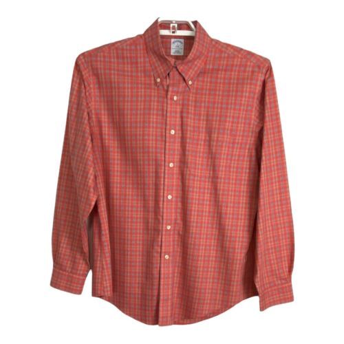 Primary image for Brooks Brothers 346 Mens Shirt Button Up Large Slim Fit Orange Long Sleeve Plaid