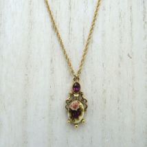 1928 Necklace 16" Gold Tone Chain Victorian Pedant Floral Purple Rhinestone - $14.84