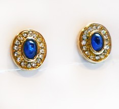 Vintage Christian DIOR Clip On Earrings Gold Crystals Blue Givre Glass Cabochon - £90.89 GBP