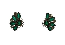 Vintage gold tone &amp; marquis cut green rhinestone cluster clip on earrings - £11.95 GBP