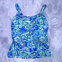 Lands End Scoop Neck Tummy Control Tankini Top Blue Paisley Soft Cup Wom... - $34.64