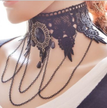Women Vintage Gothic Black Rhinestone Lace Layered Chain Collar Necklace Choker - £8.99 GBP+