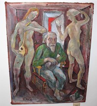 Emanuel Romano with Two Models 1935 Original 28 x 36 Oil Painting, Hand Signed - £875.29 GBP