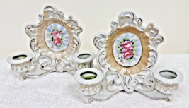 Vintage Pink Rose Wall Plaque Candle Holders Made Japan 5 x 5 3/4&quot; Cotta... - $22.28