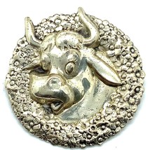 Vintage Sterling Silver Signed Lang Carved Cow Milk Farm Face Round Brooch Pin - £39.01 GBP