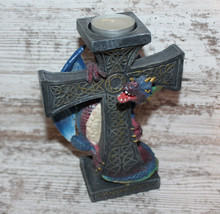 Blue  Dragon on Crucifx Cross Statue Votive Candle Holder Fantasy Decor Gifts - £19.94 GBP