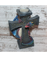 Blue  Dragon on Crucifx Cross Statue Votive Candle Holder Fantasy Decor ... - £19.62 GBP
