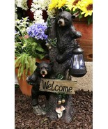 Climbing Black Bear Cubs Garden Light Welcome Statue Figurine Solar LED Lantern - $91.99