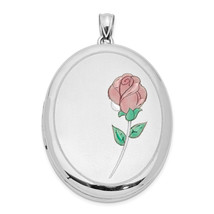 Silver Rhod-plated Satin &amp; Polished Enamel Rose 34mm Oval Locket QLS545 - $105.61