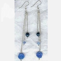 Blue Crystal Glass Pearl Long Dangle Earrings - £14.85 GBP