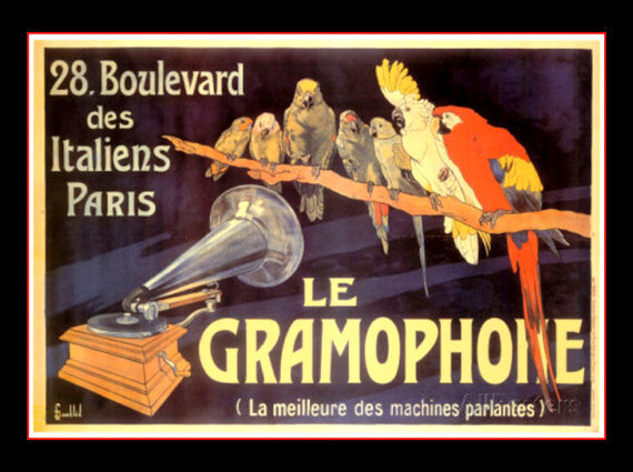 Charles Bombled Gramophone Ad, 11x14" canvas art print,, phonograph, parrots, ex - $18.99