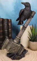Odin Raven Perching On Thor Hammer Mjolnir With Viking Runes Skaldenmet Figurine - £35.58 GBP